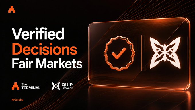 The image displays a promotional graphic with the headline "Verified Decisions Fair Markets" alongside logos for "The Terminal" and "QUIP Network," featuring glowing orange checkmark and butterfly icons on a dark background, complementing the post's message about the need to prove how AI algorithms arrive at pricing decisions to ensure fair markets.