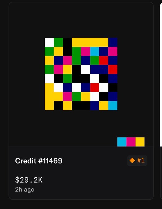 A dark-themed NFT listing card displays a colorful pixel art image with the title "Credit #11469," ranked #1 with a price of $29.2K sold just 2 hours ago. The image illustrates the post's commentary on Jack Butcher's NFT success, showing how the asset's value multiplied dramatically from its original mint price.