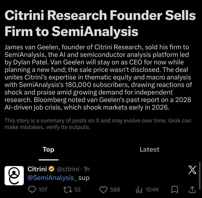 A news headline announcing "Citrini Research Founder Sells Firm to SemiAnalysis" details James van Geelen's sale to Dylan Patel's AI/semiconductor analysis platform, aligning with the post's breaking news that SemiAnalysis has acquired Citrini Research.