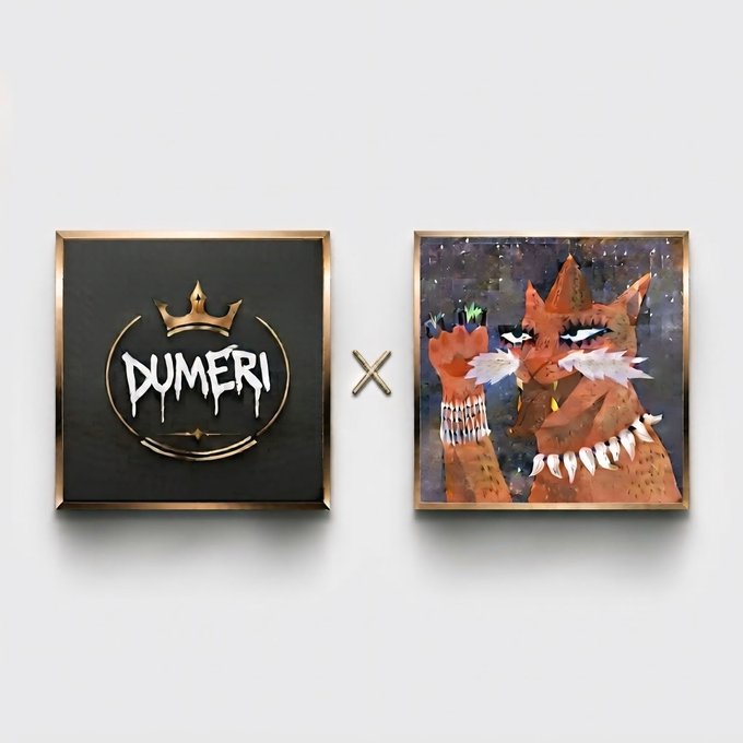 A promotional graphic showing a collaboration with the 'DUMERI' logo next to an illustration of a fox-like character with a white beard and tribal accessories.