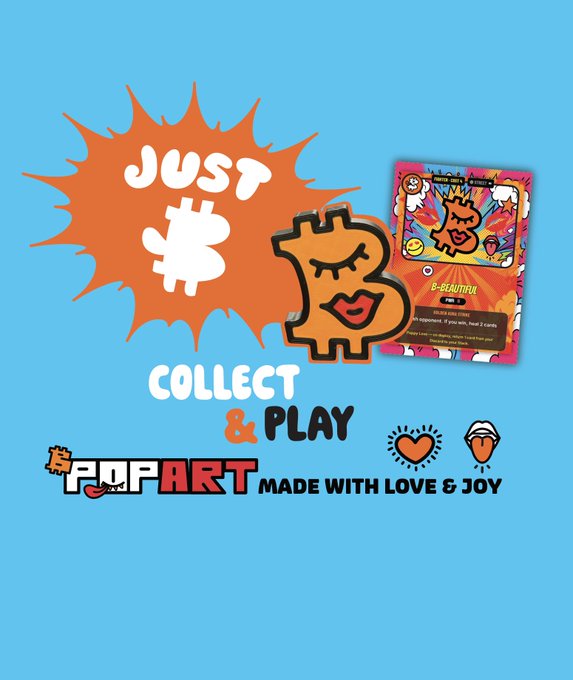 A bright blue graphic with the text 'JUST COLLECT & PLAY' featuring a cartoon orange character and a digital collectible card labeled 'B-BEARTHA,' branded as '#POPART made with love & joy.'