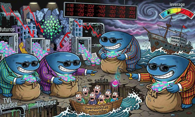 The image features a cartoon scene with four blue sharks wearing sunglasses, each holding a bag of money. The sharks are standing near a shipwreck, which adds an element of danger or adventure to the scene. The caption for the image reads "Ballenas de Cardano compranADA mientras colapsa el ecosistema y crece la sospecha". This translates to "Four sharks with money in their bags are standing near a shipwreck."