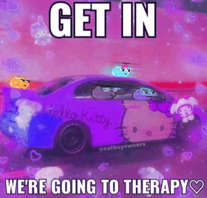 A meme image featuring a purple car with Hello Kitty branding and pixel character faces in the windows, overlaid with text reading "GET IN" at the top and "WE'RE GOING TO THERAPY" at the bottom.