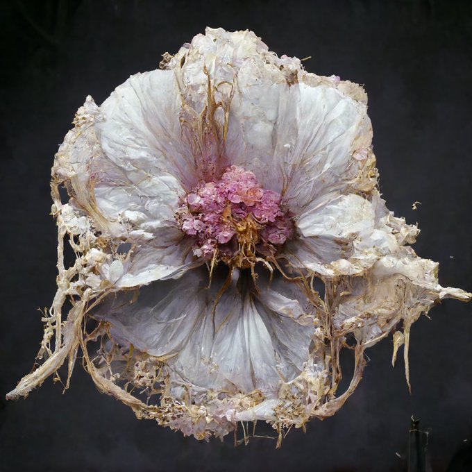 A decaying hibiscus flower rendered in translucent, wrinkled textures with faded petals and a pink center, set against a dark background. The image relates to the post as an artwork titled "Anatomy of flower" by artist @Jeanjea57711563, showcased on the objkt.com platform.