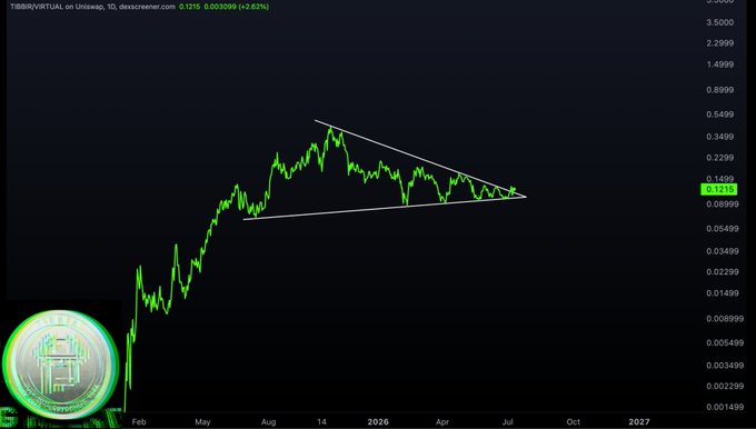 A logarithmic price chart for **$TIBBIR/VIRTUAL on Uniswap** (via Dexscreener) is shown, with the current price at **0.1215** (+2.62%). The chart displays a **symmetrical triangle pattern** forming over roughly a year and a half, with the price tightening toward the apex around mid-2025, visually emphasizing the post's dramatic "LOOK. AT. THIS. CHART." exclamation about the upcoming breakout.