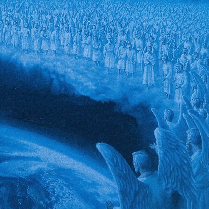 A vast choir of angels and souls rendered in celestial blue surround a chasm, watching down from above as figures peer into the depths below. The image plays on the meme's theme of an eternal audience witnessing one's every move, suggesting that even one's ancestors and heavenly witnesses observe their trading of tokenized meme stocks on Coinbase.