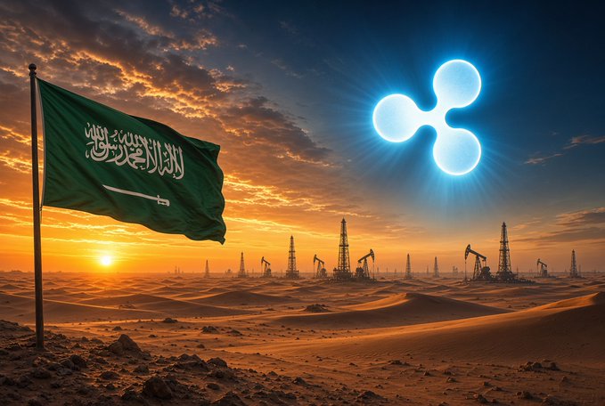 The Saudi Arabian flag bearing the inscription “المملكة العربية السعودية” flutters over a desert oil field at sunset, while a luminous Ripple (XRP) logo glows in the sky.