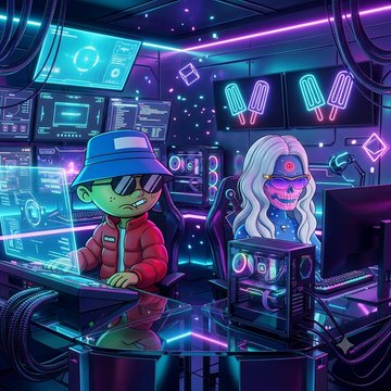 A vibrant neon-lit cyberpunk illustration of two stylized characters with a masked figure and a skeleton-faced figure surrounded by glowing screens and pop icons.