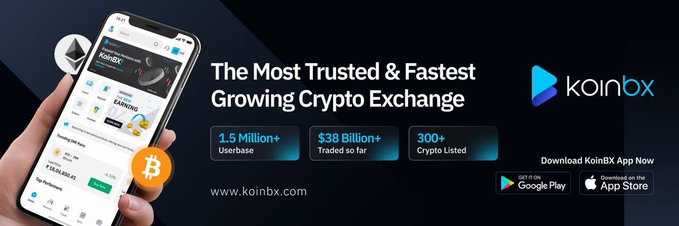 An advertisement banner for KoinBX cryptocurrency exchange, claiming to be "The Most Trusted & Fastest Growing Crypto Exchange" with 1.5 Million+ Userbase, $38 Billion+ Traded, and 300+ Crypto Listed, featuring a hand holding a smartphone.