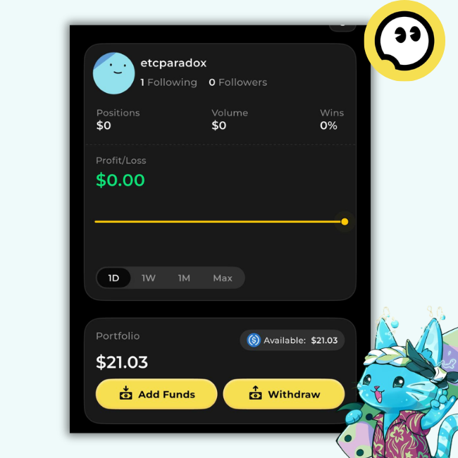 A dark-themed financial dashboard screenshot for the user 'etcparadox' showing $0 in Positions, Volume, and Profit/Loss, with a Portfolio of $21.03 and a blue cartoon cat mascot.
