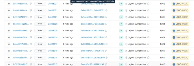 A list of blockchain transactions showing multiple 'Legion Jumper Sale' investments with various USDT amounts and transaction hashes.