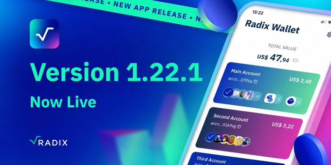 A mobile device displaying a Radix Wallet app is opened, revealing two updates that have been released for Version 1.22.1. The first update focuses on custom gateway support, which ensures the Wallet correctly utilizes the configured custom gateway. The second update improves the total balance display for iOS devices. These updates aim to provide better functionality and enhance user experience in the Radix Wallet app.