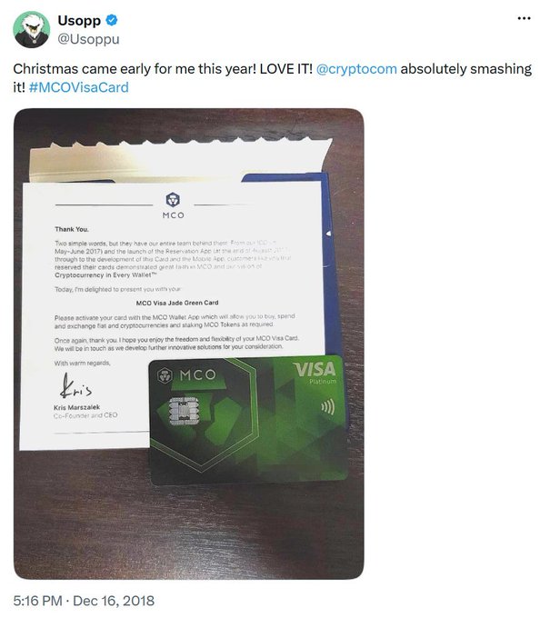 A tweet from @Usoppu showing a green MCO Visa card from Crypto.com along with a thank-you letter signed by co-founder and CEO Kris Marszalek, dated December 16, 2018, highlighting the user's early enthusiasm for crypto-linked payment cards that later became popular in neobanking.