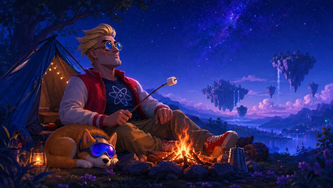 A blond man wearing glasses and a varsity jacket featuring an atom symbol roasts marshmallows over a campfire beside a corgi wearing blue goggles, under a starry sky with floating islands. The science-themed imagery (atom logo, goggles, campfire under a vast cosmos) ties into the "Happy Friday, scientists!" greeting, framing the trading weekend as a relaxing reward after a busy week of market activity.