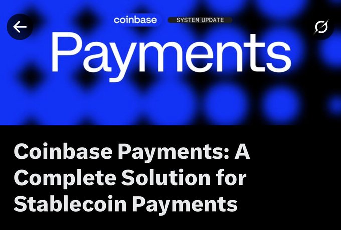 The image features a blue banner with white text that reads "Coinbase Payments" and "A Complete Solution for Doublecoin Payments". The background of the image is black, which contrasts with the blue banner. The text is positioned at the top left corner of the image.