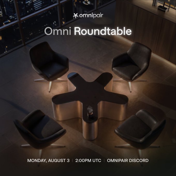 Moody promotional image for the 'Omni Roundtable' event hosted by omnipair, showing four black chairs arranged around a modern star-shaped table in a dimly lit, upscale high-rise room, scheduled for Monday, August 3 at 2:00 PM UTC on the Omnipair Discord.