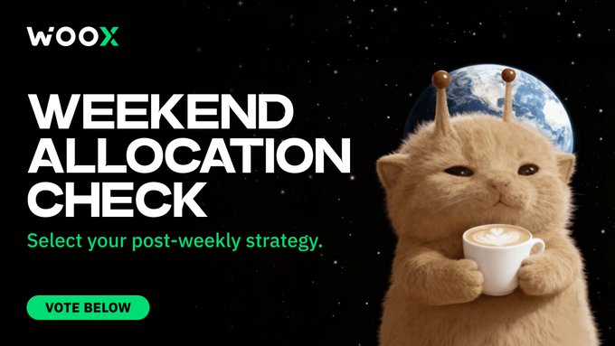 The image features a cartoon cat holding a cup of coffee, which appears to be a representation of the weekend allocation check. The cat is positioned in front of a planet with a blue sky background, giving the impression that they are in outer space. Below the cat and the planet, there's text that reads "Weekend Allocation Check". This text suggests that this image could be related to an online survey or poll about how people allocate their time during the weekend. The post-survey instructions ask participants to select their preferred weekend allocation strategy by choosing from three options: 1) Scalp the illiquid weekend ranges with tight size; 2) Rest size back into Flexible Earn Vaults to collect yield; 3) Log off completely to preserve your weekly profit.
