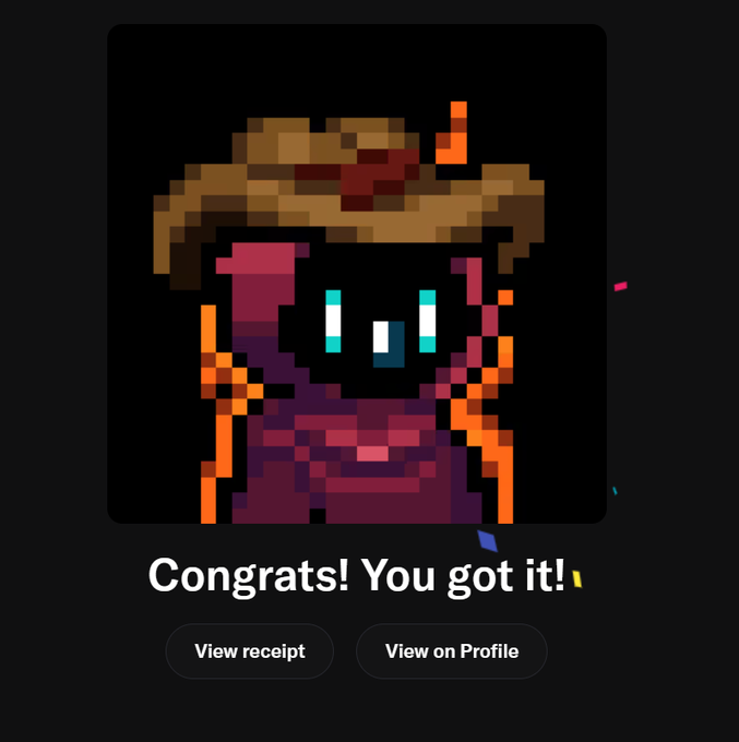 A pixel art NFT image of a character in a brown hat and red scarf with teal eyes, displayed on a dark background with the text "Congrats! You got it!" and buttons for "View receipt" and "View on Profile".