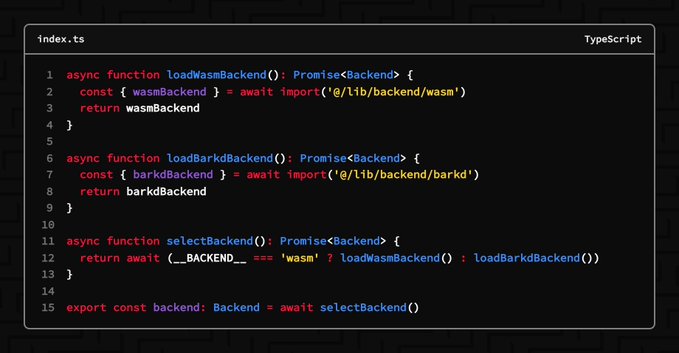 A code snippet in TypeScript showing functions to load 'wasm' and 'barkd' backends and select between them based on an environment variable.