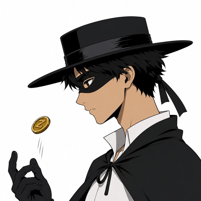 An anime-style illustration of a male character with dark hair, wearing a wide-brimmed black hat, a black eye mask, and a cape, tossing a gold 'Z' coin.