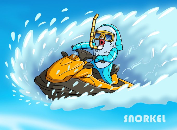 A cartoon illustration of a skeleton character wearing sunglasses, an Egyptian-style headdress, and scuba gear, riding a yellow jet ski through ocean waves, with the 'SNORKEL' logo in the bottom right corner.