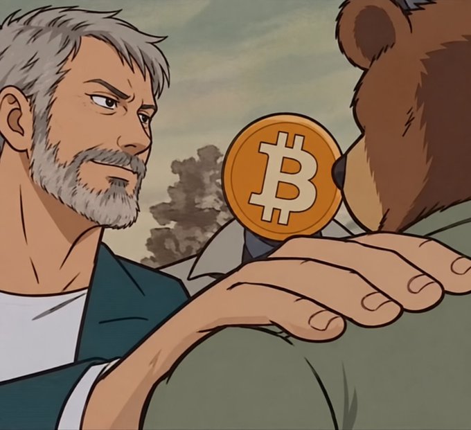 An anime-style illustration of a bearded man holding a Bitcoin coin out to a brown bear against a smoky background.