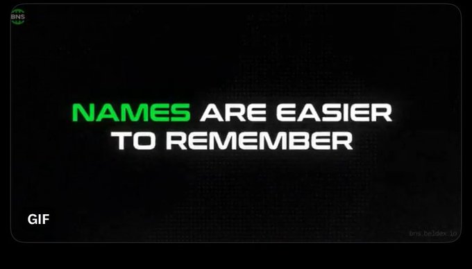 A graphic with a black background displaying the text 'NAMES ARE EASIER TO REMEMBER' with 'NAMES' highlighted in green and the rest in white, alongside a 'BNS' logo and 'GIF' label.