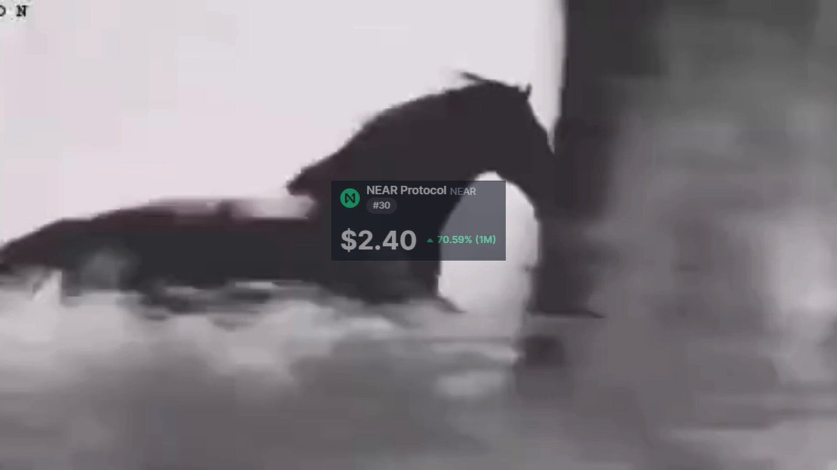 The image shows a horse running through water with its head down. A green button labeled "2.40" is located near the bottom of the screen. The caption reads "I am bullish on $NEAR, are you?". This suggests that the person who posted this image might be interested in investing or trading in horses and has identified a specific horse to follow or monitor closely.