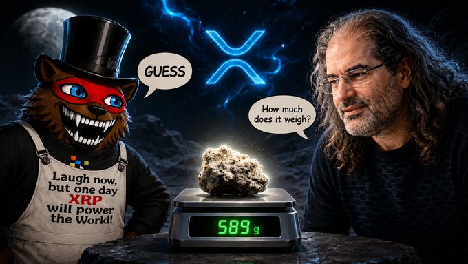 The image shows a cartoon wolf mascot wearing a top hat and an apron reading "Laugh now, but one day XRP will power the World!" with a speech bubble saying "GUESS," standing next to a man (resembling David Schwartz, XRP's CTO) asking "How much does it weigh?" about a glowing moon rock on a scale displaying "589 g," with the XRP logo in the background—visually representing the post's playful reference to weighing a piece of the moon and the "IT'S MOON TIME" hype around $XRP.