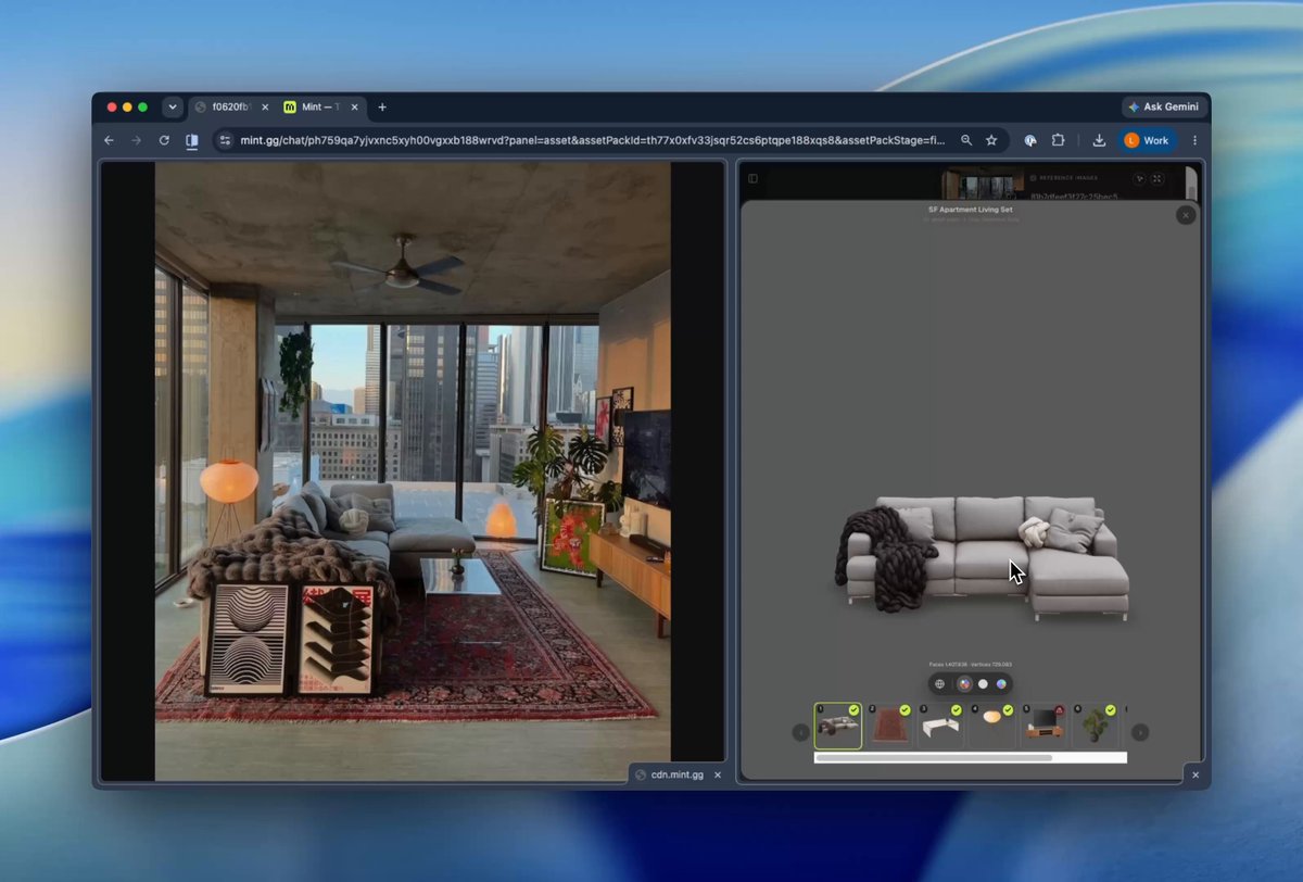 The image shows a computer screen displaying two different images of a living room, with a couch positioned against a wall. The first image features a gray couch placed near a window, while the second image showcases another couch situated next to a television. Both images are accompanied by text that reads "You can now create entire asset packs just from one image through Mint!". This suggests that users can use these images as inspiration for creating their own living room designs or even develop an entire collection of assets using the provided tool, Mint.