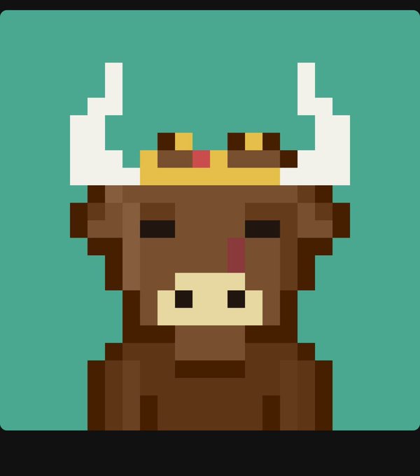 Pixel art style illustration of a brown bull's head wearing a golden crown with white horns, set against a solid teal background.