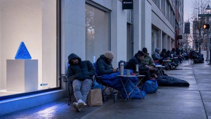 A line of people wait outside a building marked "base," with one window display featuring a glowing blue triangle sculpture and the "base" logo, evoking the cryptocurrency exchange as those in line appear to be early buyers waiting for $BLUECHIP, the first stock-paired memecoin listed on a U.S. exchange, suggesting the patience and dedication required to secure the token before it becomes inaccessible.