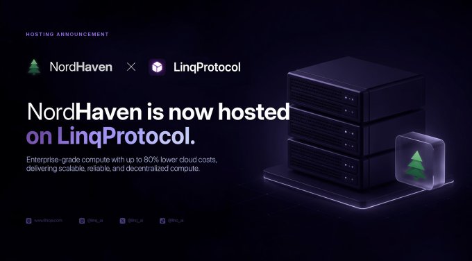A hosting announcement graphic stating 'NordHaven is now hosted on LinqProtocol,' promoting enterprise-grade compute with up to 80% lower cloud costs.