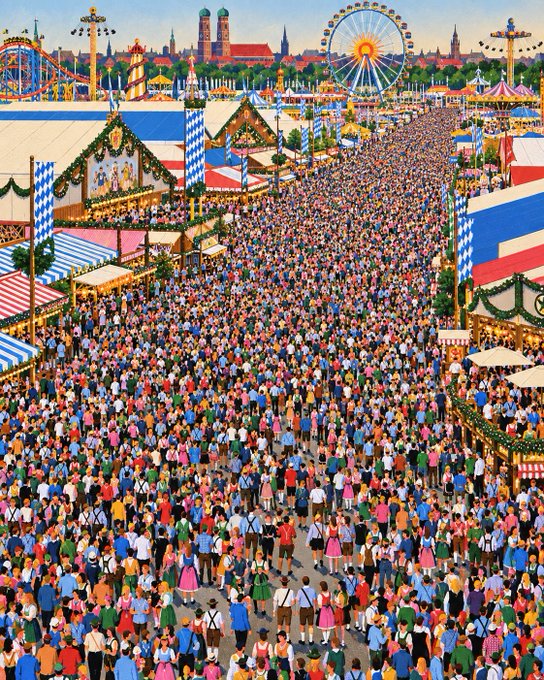 An illustration of a massive crowd walking through what appears to be Oktoberfest, featuring blue and white Bavarian flags, beer tents, a Ferris wheel, and a roller coaster in the background.