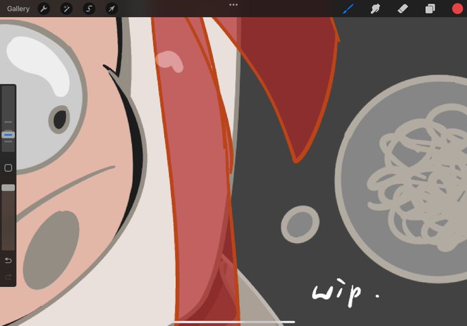 A digital drawing in progress on a tablet interface showing a cartoon character with a worried expression, red hair, and the text 'wip.' written on the canvas.