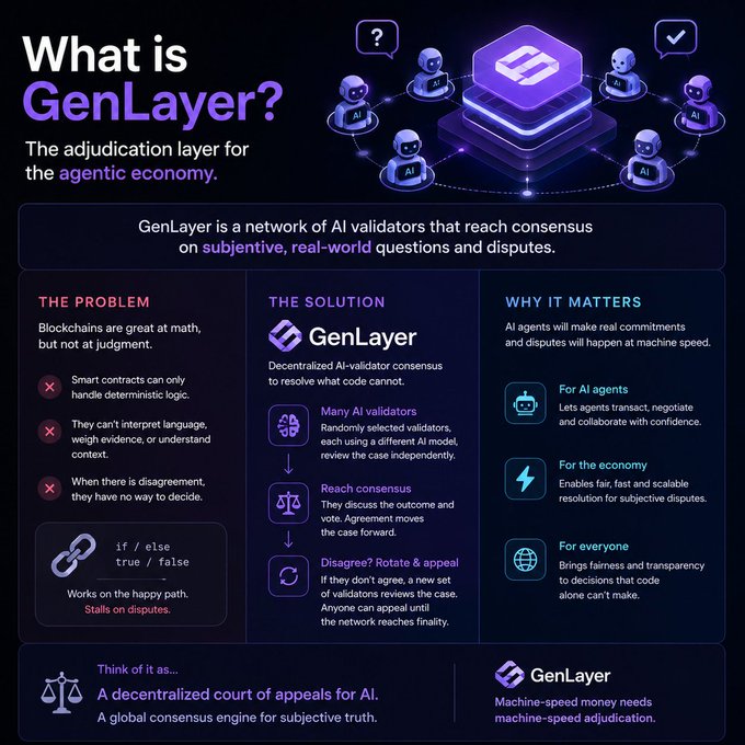 Infographic titled 'What is GenLayer?' describing it as 'The adjudication layer for the agentic economy,' explaining how a network of AI validators reaches consensus on subjective questions through decentralized AI-validator voting.