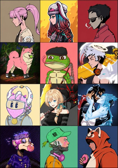 A 3x4 grid of colorful anime/manga-style character avatars featuring various designs including a girl with pink hair, a character with a skull mask, a green frog, and a person in a red fox hoodie.