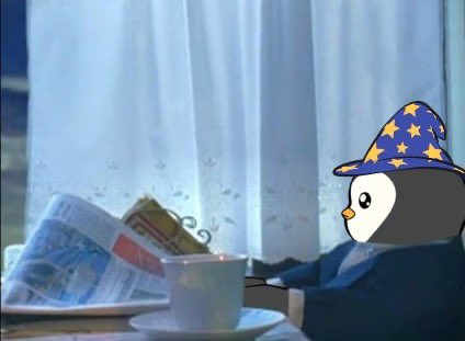 A penguin wearing a wizard hat sits at a table with a newspaper and coffee, mirroring the "Pudgy Penguin" PFP (profile picture) mentioned in the post. The scene humorously depicts a relaxed penguin enjoying a morning routine, illustrating how owning one of the limited 8,888 Pudgy Penguins can elevate your online persona.