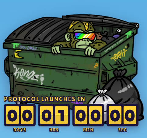 A cartoon monkey wearing rainbow sunglasses peeks out of a green graffiti-covered dumpster with a countdown timer reading 'PROTOCOL LAUNCHES IN 00 01 00 00 DAYS HRS MIN SEC'.