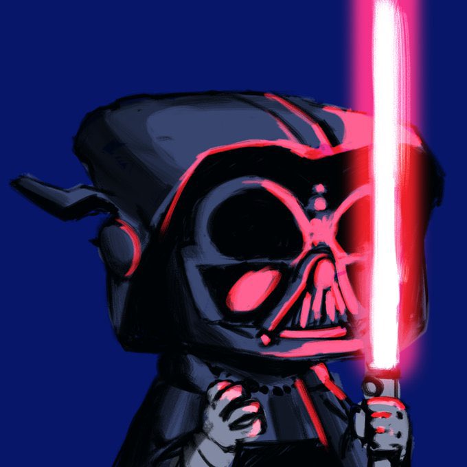 Stylized digital artwork of Darth Vader's helmet rendered with red and black tones against a dark blue background, holding a glowing red lightsaber.