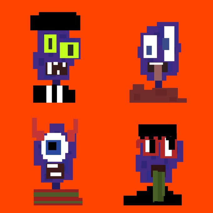 Pixel art featuring four purple monster characters on an orange background.