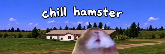 A meme image showing a blurry hamster face superimposed on a rural landscape with a house, captioned 'chill hamster'.