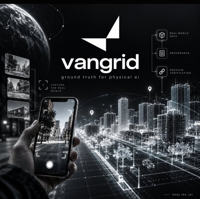 A promotional graphic for 'vangrid' with the tagline 'ground truth for physical ai', showing a hand holding a phone capturing a city street, with labels for 'REAL-WORLD DATA', 'PROVENANCE', and 'ONCHAIN VERIFICATION'.