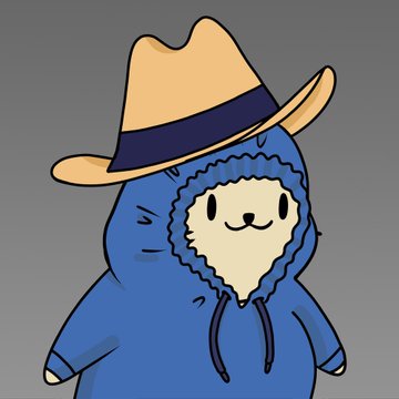 A cartoon illustration of a character wearing a blue hoodie with a fluffy sheep face design and an orange fedora hat with a blue stripe.