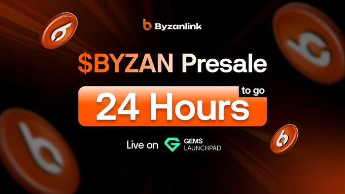 Promotional graphic announcing the $BYZAN presale hosted on Gems Launchpad, featuring "24 Hours to go" countdown text alongside the Byzanlink logo and orange coin visuals, directly reinforcing the post's message that only one day remains until Round 2 closes on August 24, 2026.