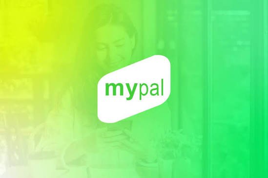 A gradient green background featuring the "mypal" logo overlays a faded image of a smiling woman looking at her phone, visually representing the brand behind the MyPal Card—a compliance-focused crypto card designed for global digital asset use in everyday transactions.