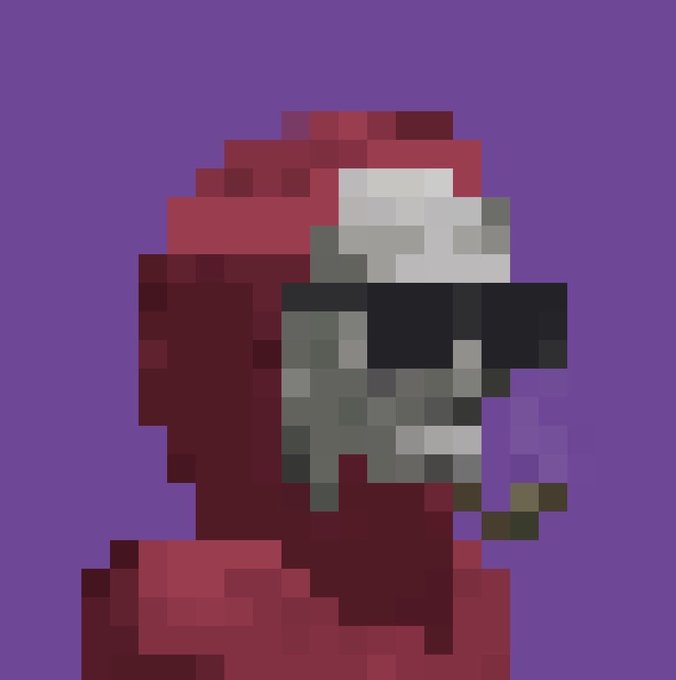 A heavily pixelated digital artwork depicts a figure wearing a red hooded outfit and dark sunglasses, with a greyish face visible beneath the hood, set against a solid purple background.