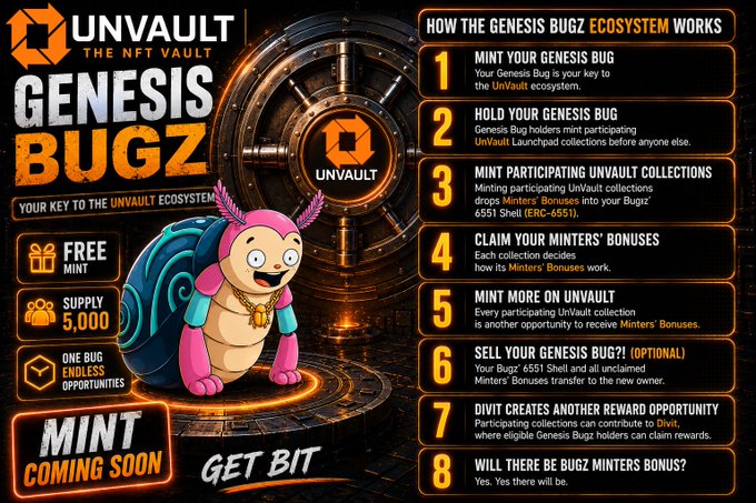 Promotional infographic for Unvault's "Genesis Bugz" NFT collection, highlighting a free mint with 5,000 supply and outlining an 8-step explanation of the ecosystem mechanics, including Minters' Bonuses, token contract ERC-6551, and Bugz holders gaining early access and rewards. The post confirms the infographic is a community-made summary of the project's launchpad benefits and ecosystem utility, not just a simple collectible.