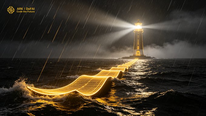 A glowing lighthouse beams through a stormy sea as a radiant golden path of light cuts through turbulent waves toward it, symbolizing guidance and perseverance through adversity—mirroring the post's message of ARK's resilience and forward momentum. The watermark "ARK | DeFAI / Code the Future" appears in the upper left corner.