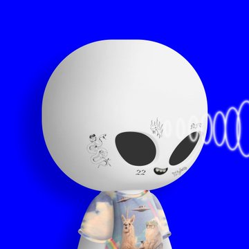 A Funko Pop-style figure with an oversized white alien head and decorated body stands against a blue background, with faint text including "22" and "Alien" visible on its face. The image ties into the post's theme of a playful "alien encounter," matching the quirky "Return to alien" caption with the toy-like extraterrestrial character depicted.